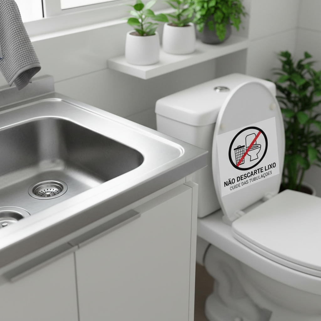 Uma imagem limpa e organizada de uma pia de cozinha com um filtro no ralo e um vaso sanitário com um lembrete visual de 