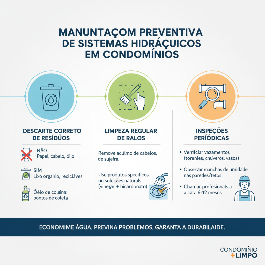 Infográfico ou diagrama sobre manutenção preventiva de sistemas hidráulicos em condomínios, com dicas visuais sobre descarte correto de resíduos, limpeza regular de ralos e inspeções periódicas. O design é claro e educativo.