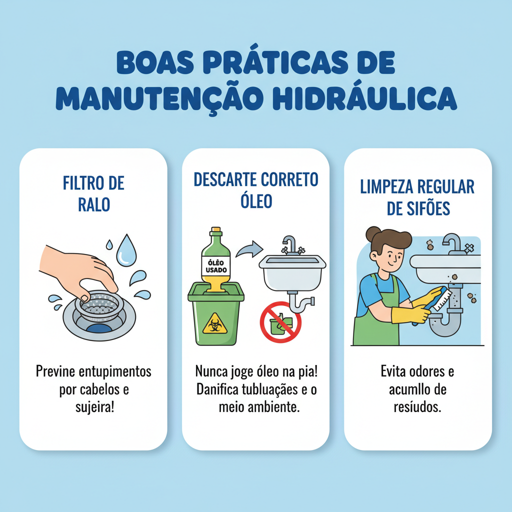 Ilustração de um conjunto de boas práticas para a manutenção hidráulica: filtro de ralo, descarte correto de óleo, limpeza regular de sifões. O estilo é didático e incentivador.