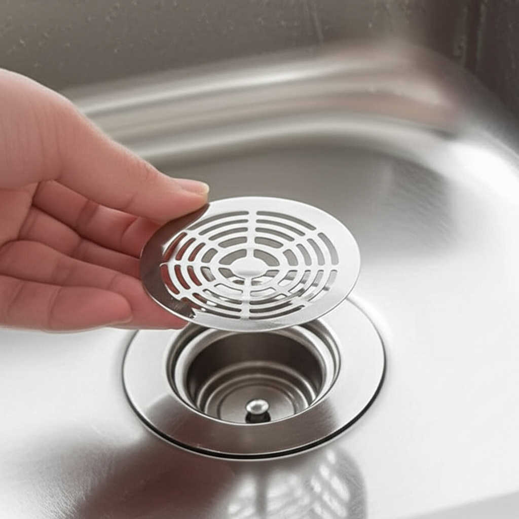 Imagem de uma pessoa utilizando um ralo protetor na pia da cozinha.