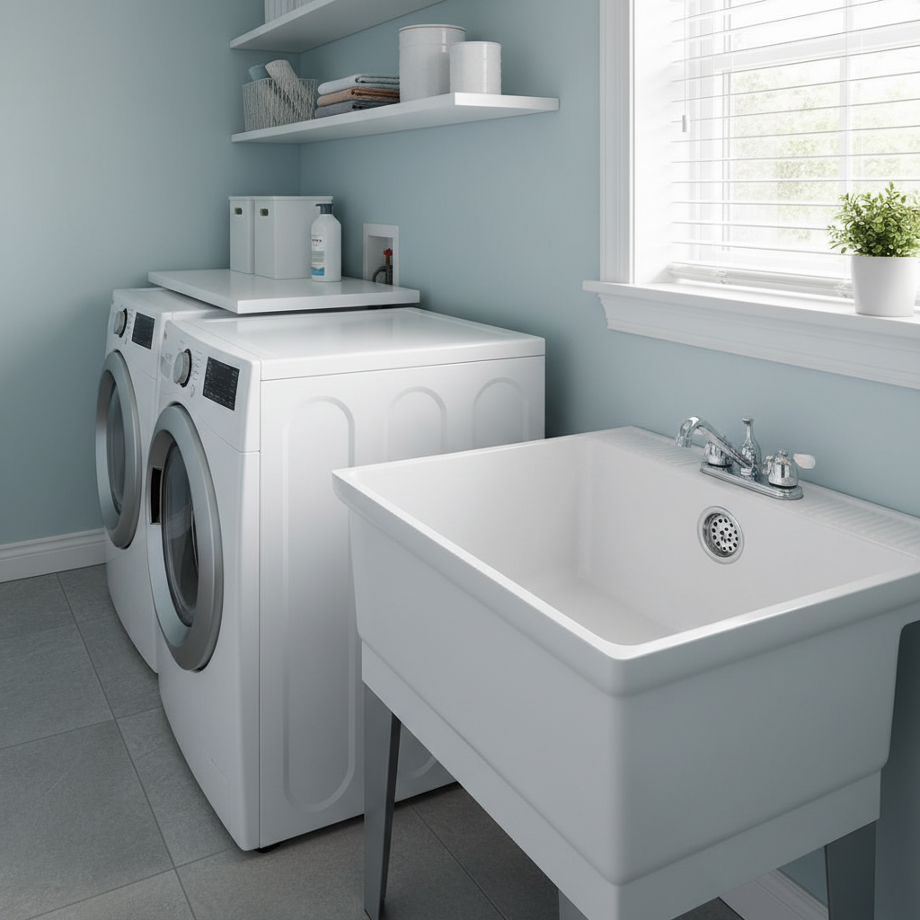 Uma imagem limpa e organizada de uma lavanderia com um tanque em perfeitas condições, talvez com um filtro de ralo visível. A iluminação deve ser clara e a cena transmitir sensação de cuidado e manutenção preventiva.