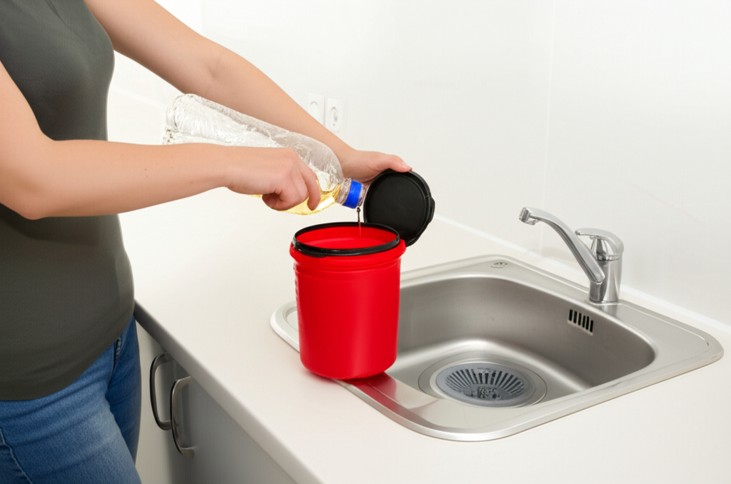 Uma mulher em um apartamento, usando um protetor de ralo na pia da cozinha e descartando corretamente óleo de cozinha usado em um recipiente, como parte de suas práticas preventivas.