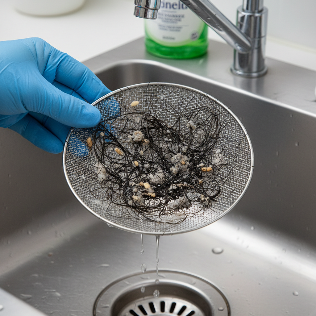 Uma pessoa descartando corretamente óleo de cozinha usado em um recipiente específico e utilizando uma tela protetora em um ralo de pia para evitar a passagem de resíduos sólidos.