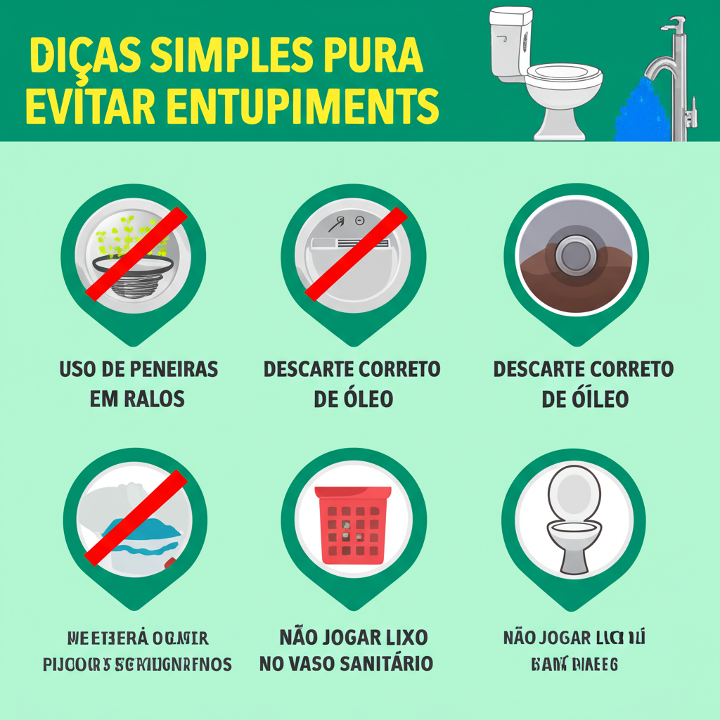 Infográfico mostrando dicas simples de prevenção de entupimentos para inquilinos: uso de peneiras em ralos, descarte correto de óleo, não jogar lixo no vaso sanitário, ilustrado de forma clara e amigável, com um foco na educação e bons hábitos.