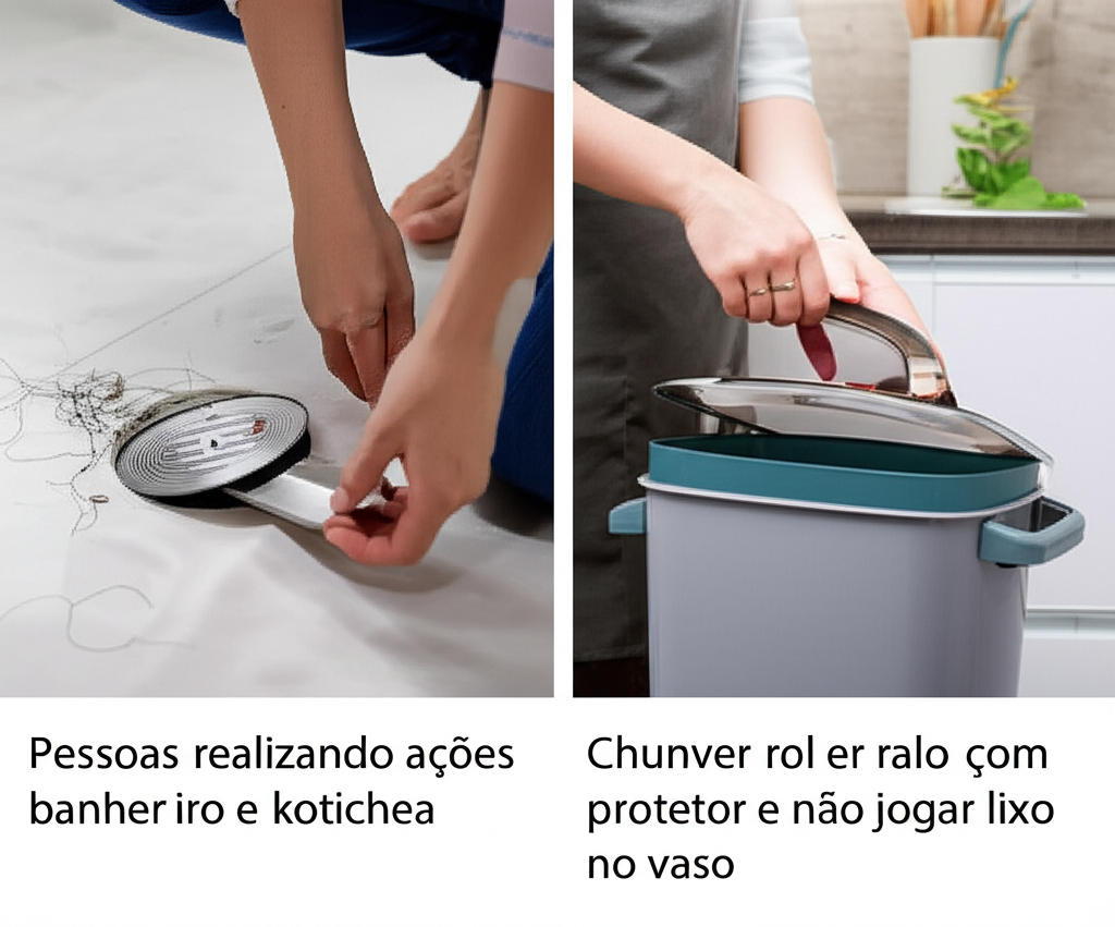 Pessoas realizando ações preventivas no banheiro e cozinha, como usar ralos com protetor e não jogar lixo no vaso.