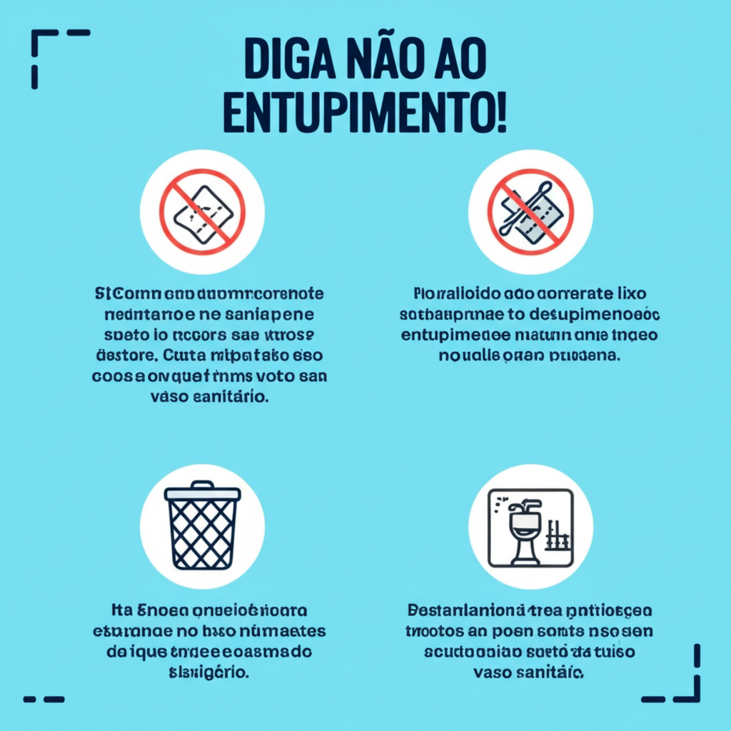 Infográfico com dicas ilustradas sobre como evitar entupimentos no vaso sanitário, incluindo o descarte correto de lixo e a manutenção preventiva.