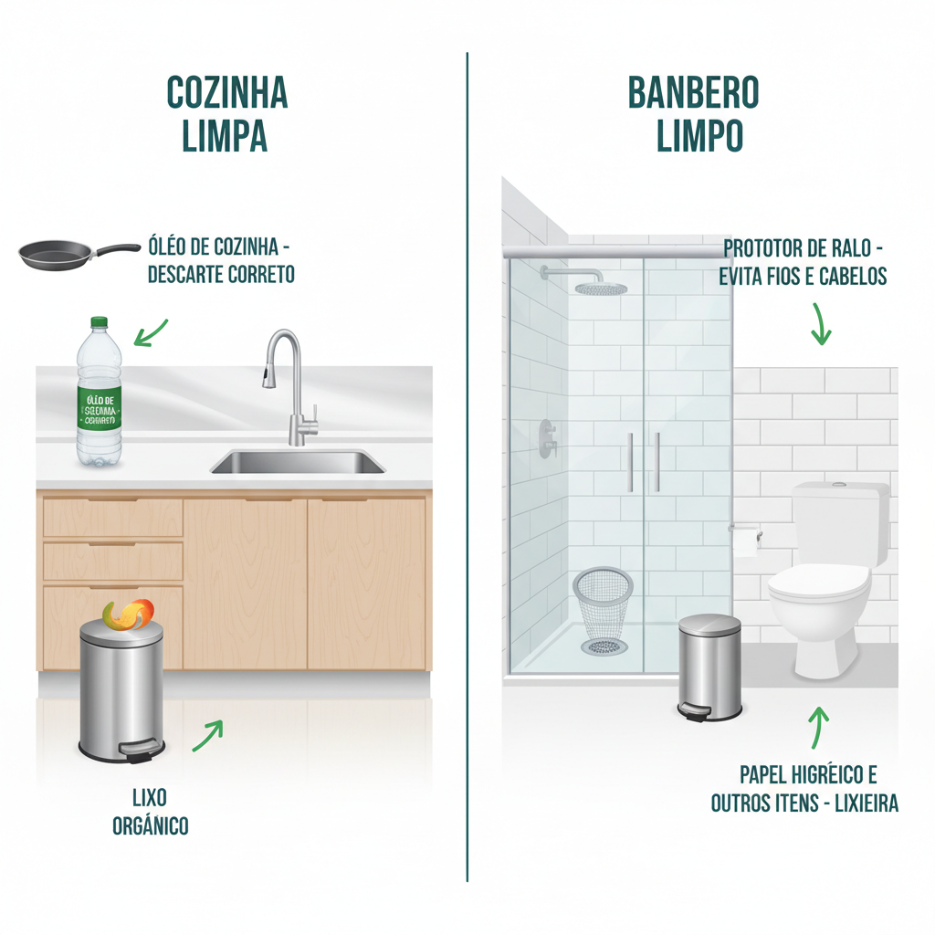 Infográfico mostrando uma cozinha limpa com uma pia sem obstruções, e setas indicando descarte correto de óleo de cozinha em recipiente adequado, lixo orgânico na lixeira. Um banheiro com uma tela protetora no ralo do chuveiro e uma lixeira para descarte de papel higiênico e outros itens. Estilo informativo e clean.