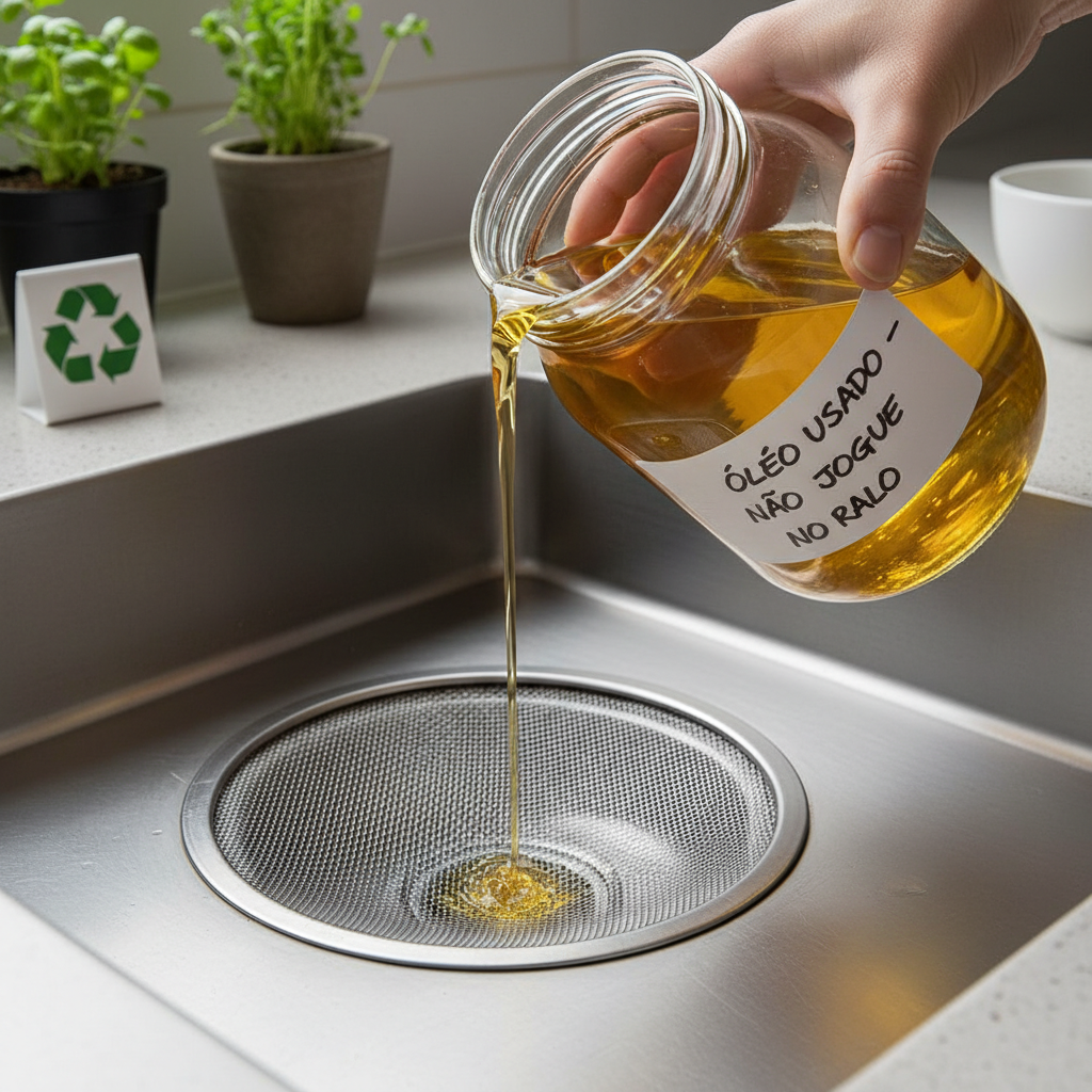 Um ralo de pia de cozinha com uma tela protetora de aço inoxidável para reter resíduos, e uma pessoa demonstrando o descarte correto de óleo de cozinha em um recipiente, simbolizando práticas preventivas diárias. Iluminação clara e detalhes nítidos.