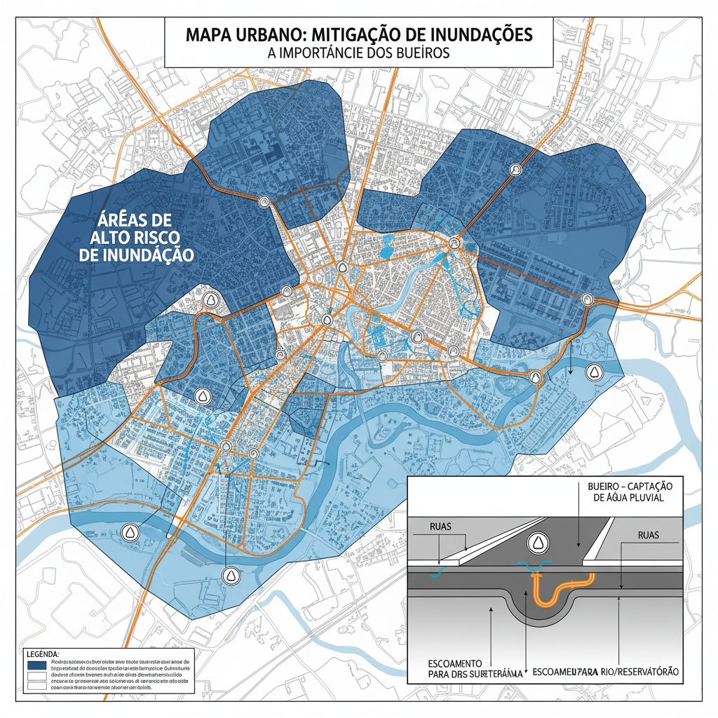 Mapa ou esquema urbano evidenciando áreas de risco de inundação e a importância dos bueiros na mitigação desses eventos.