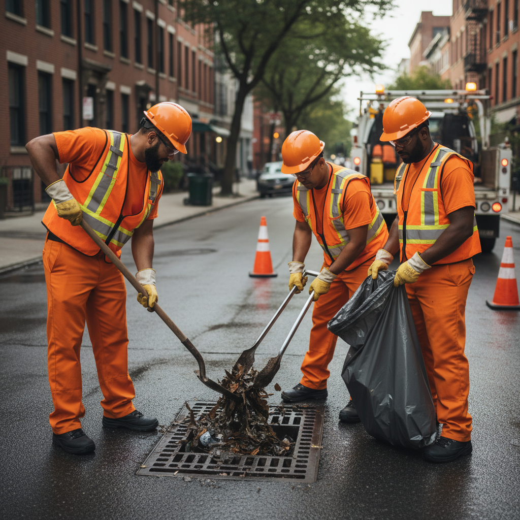 Uma imagem mostrando uma equipe de manutenção urbana, vestindo uniformes de segurança e equipamentos de proteção individual (EPIs), realizando a limpeza preventiva de um bueiro utilizando ferramentas como pás longas e pinças para remover detritos da grade. O ambiente é urbano e a imagem transmite profissionalismo e cuidado técnico.