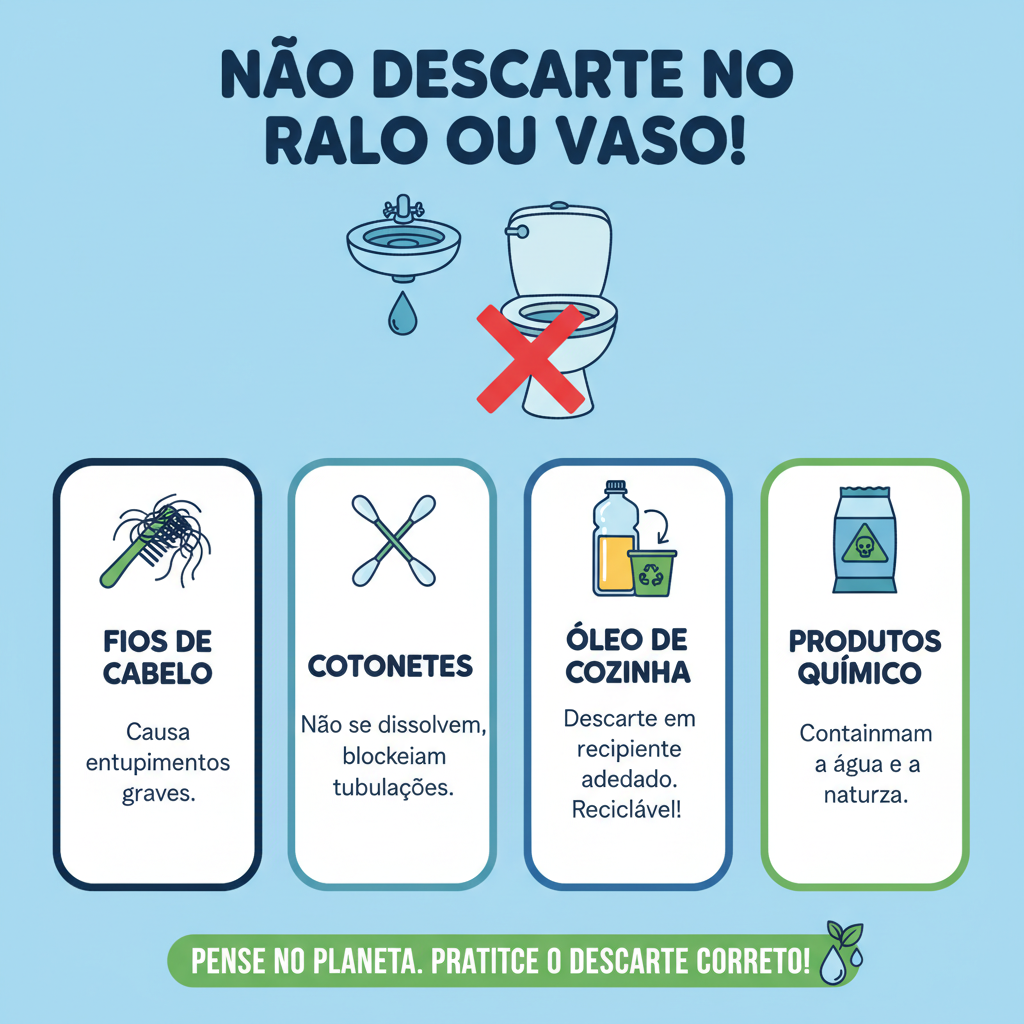 Infográfico estilizado mostrando itens comuns que não devem ser descartados em ralos e vasos sanitários: fios de cabelo, cotonetes, óleo de cozinha usado em uma garrafa para descarte correto, e embalagens de produtos químicos. O estilo deve ser claro e didático, com ícones representativos. Foco na conscientização e boas práticas.
