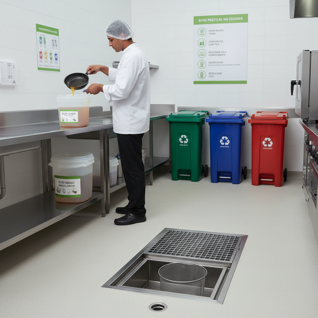 Representação visual de boas práticas em uma cozinha, com um ralo com tela coletora e uma pessoa descartando óleo usado em um recipiente. Ênfase na prevenção de descarte incorreto de resíduos.