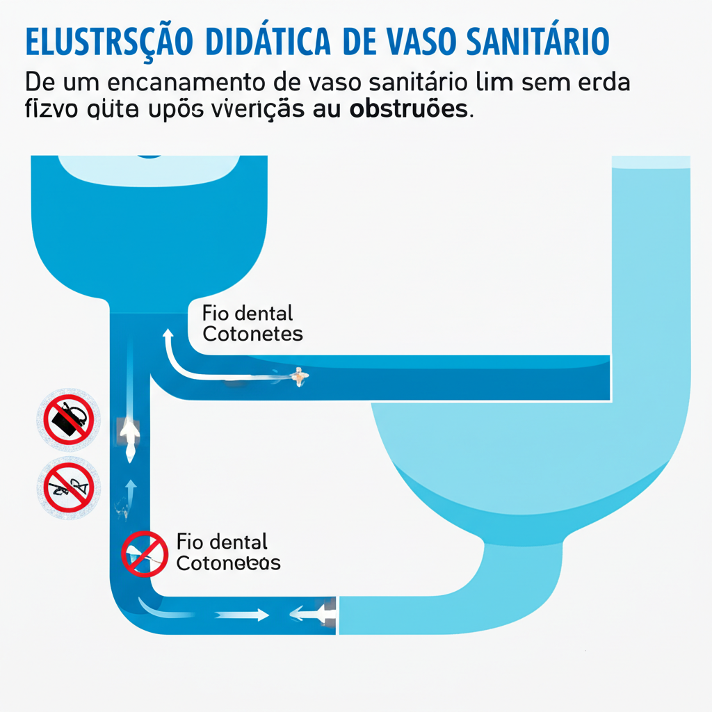 Ilustração didática de um encanamento de vaso sanitário limpo e sem obstruções, com setas indicando o fluxo livre da água e pequenos ícones de lixo proibido (fio dental, cotonetes, papel higiênico excessivo) demonstrando práticas de descarte consciente. O estilo deve ser claro e informativo.