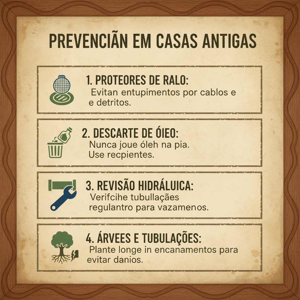 Infográfico com dicas de prevenção para casas antigas: uso de protetores de ralo, descarte correto de óleo, revisão periódica do sistema hidráulico, evitar plantar árvores perto de tubulações.