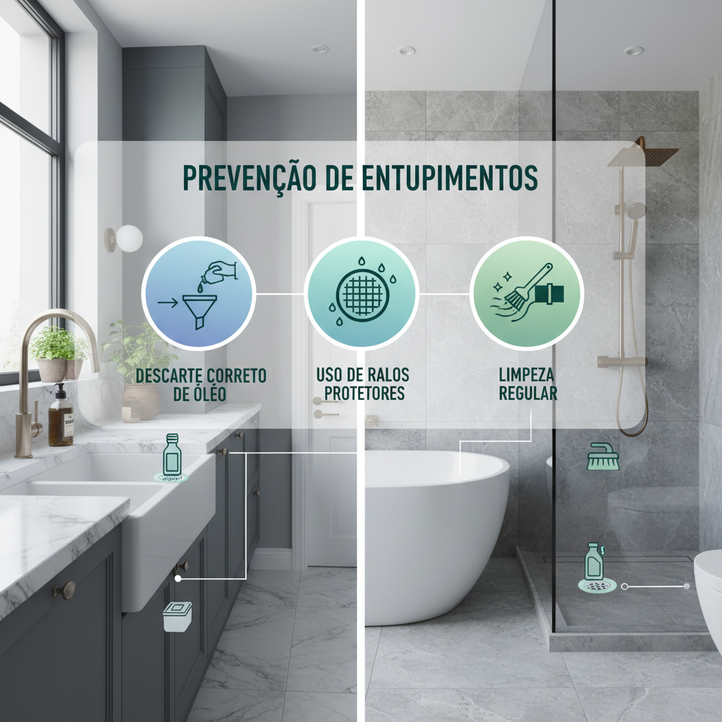 Infográfico limpo e organizado com ícones representando dicas de prevenção de entupimentos (descarte correto de óleo, uso de ralos protetores, limpeza regular), em um ambiente de cozinha e banheiro de alto padrão.