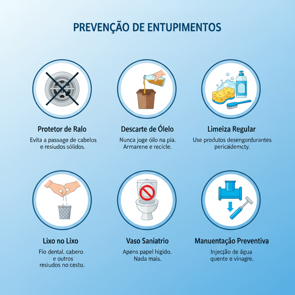 Infográfico com design limpo e moderno, apresentando seis ícones distintos. Cada ícone representa uma prática de prevenção de entupimentos: um ralo com tela protetora, uma garrafa de óleo de cozinha sendo descartada em um recipiente, uma esponja e sabão para limpeza regular, uma mão segurando fio dental para descarte adequado, e um vaso sanitário com o símbolo de