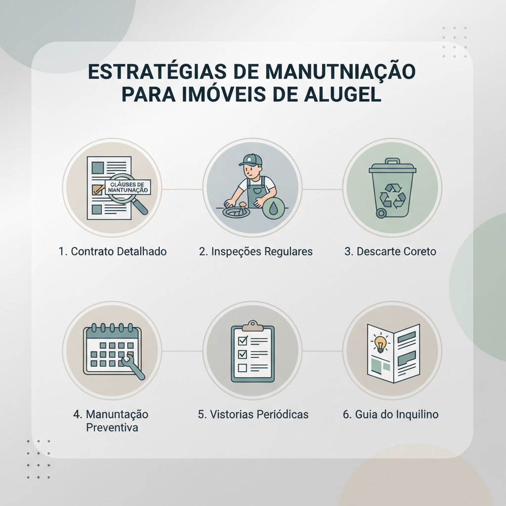 Um infográfico visualmente atraente e didático. Seis ícones representam as estratégias: 1) um contrato de aluguel aberto com destaque para cláusulas de manutenção; 2) um encanador inspecionando um ralo; 3) uma lixeira com símbolos de descarte correto; 4) um calendário com datas de manutenção; 5) uma lista de verificação de vistoria; 6) um folheto informativo com dicas para inquilinos. As cores são neutras e profissionais.