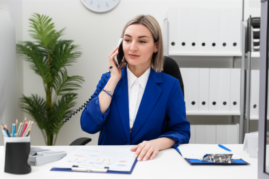Gestora de imóveis com expressão atenta, ouvindo um inquilino ao telefone em um escritório organizado. A imagem transmite profissionalismo e empatia.