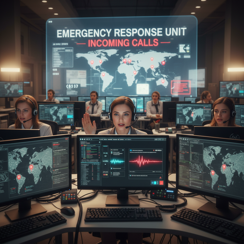 Imagem de uma central de atendimento com operadores atenciosos recebendo chamadas de emergência, com foco na comunicação e no suporte inicial.