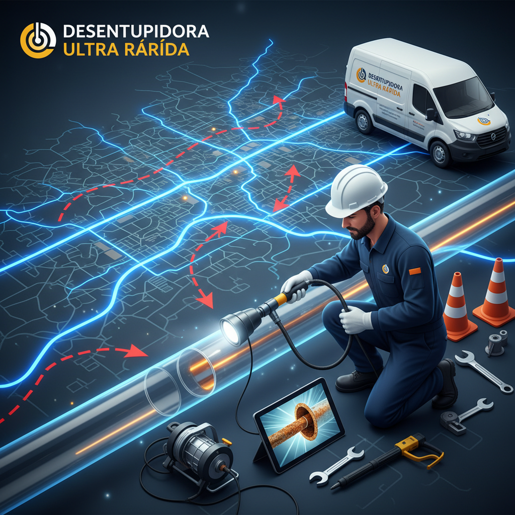 Mapa esquemático de São Paulo com rotas rápidas destacadas, representando o deslocamento de equipes de desentupimento. Ferramentas técnicas de inspeção, como câmeras de vídeo para tubulações, devem estar visíveis, junto a um técnico uniformizado, enfatizando a agilidade e a tecnologia empregada no serviço.