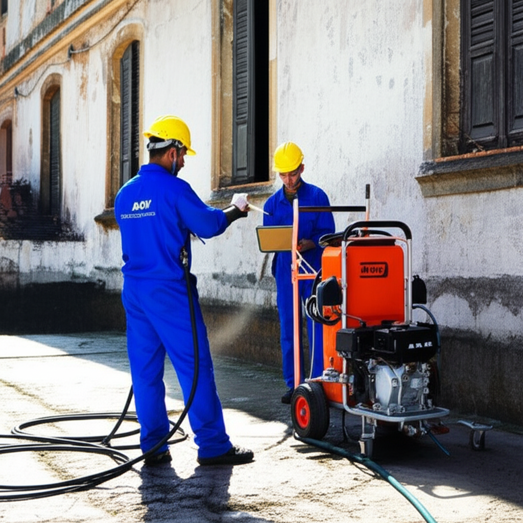 Profissionais de uma desentupidora com equipamentos de alta tecnologia (hidrojateamento e ferramentas de inspeção) trabalhando em uma área externa de uma casa antiga. A cena transmite profissionalismo e segurança.