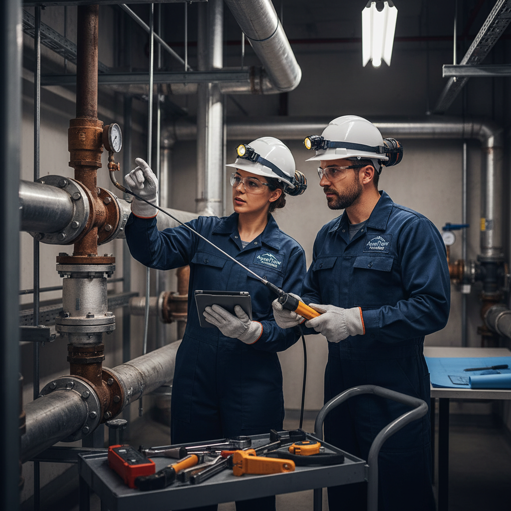 Dois encanadores profissionais, uniformizados, utilizando ferramentas especializadas e equipamentos de segurança, inspecionando um sistema de encanamento com atenção e expertise.