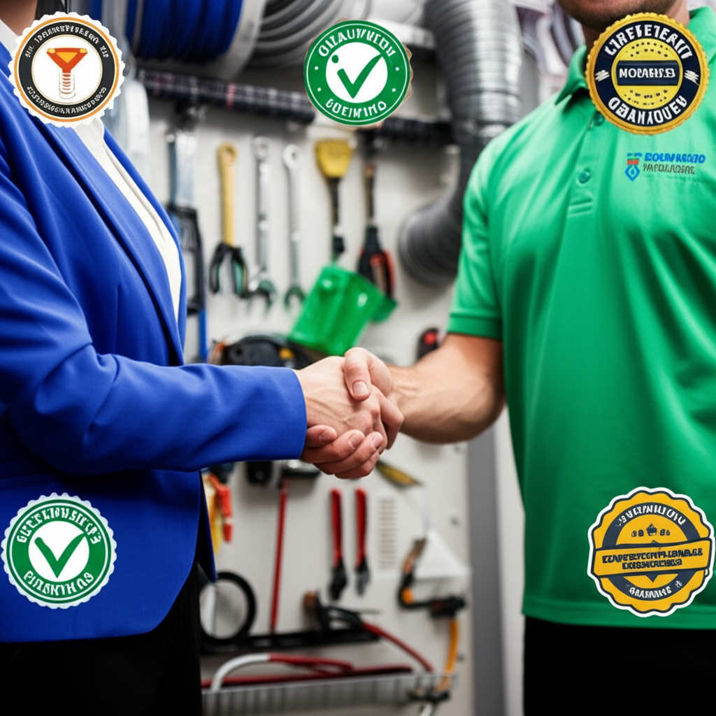 Gestora de imóveis apertando a mão de um representante de uma desentupidora qualificada, com logotipos de certificação visíveis em um fundo de ferramentas e equipamentos profissionais. A imagem transmite confiança e parceria.