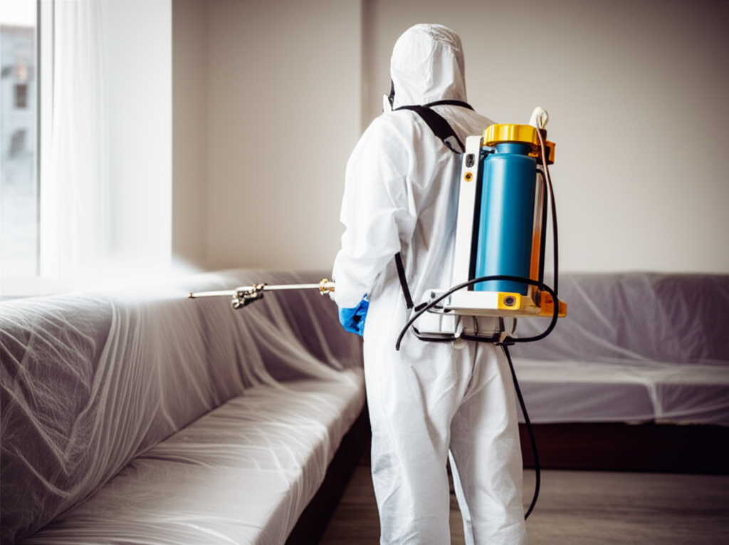 Profissional dedetizando área para controle de pragas.