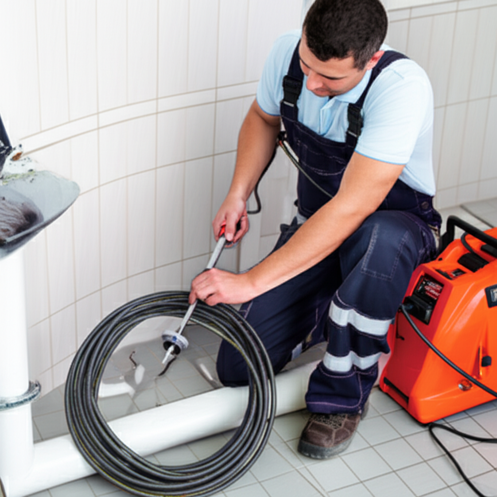 Profissional utilizando máquina desentupidora para remover obstrução em cano.