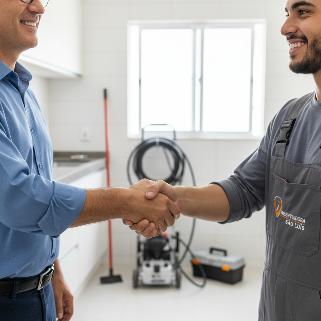Mãos de um cliente apertando a mão de um desentupidor profissional em São Luís, em um ambiente bem iluminado. O foco está na confiança e no profissionalismo da interação, com o equipamento de desentupimento discretamente visível ao fundo. A cena transmite solução e segurança.