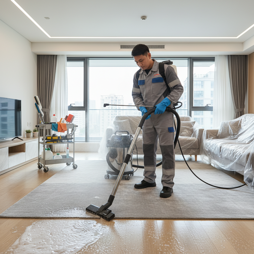 Um profissional de limpeza uniformizado e com equipamento especializado (como um aspirador de líquidos industrial e um borrifador de desinfetante de alta capacidade) trabalhando em um apartamento. O foco é na técnica e na eficácia da intervenção profissional.