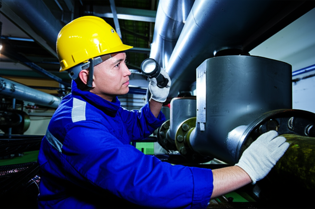 Técnico inspecionando tubulação durante uma manutenção preventiva.