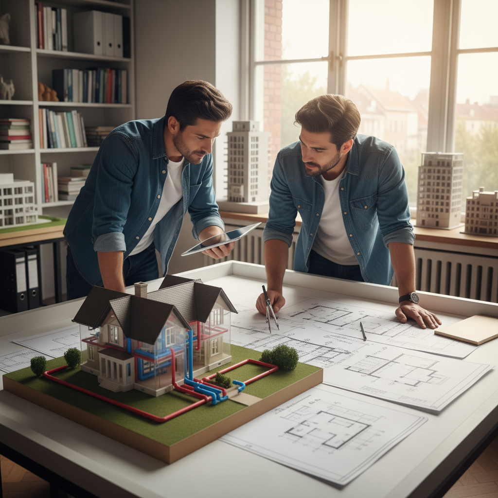 Um arquiteto e um engenheiro civil discutindo plantas de uma reforma hidráulica completa de uma casa antiga, com maquetes e desenhos técnicos, simbolizando um projeto de modernização e reestruturação do sistema hidráulico do imóvel.
