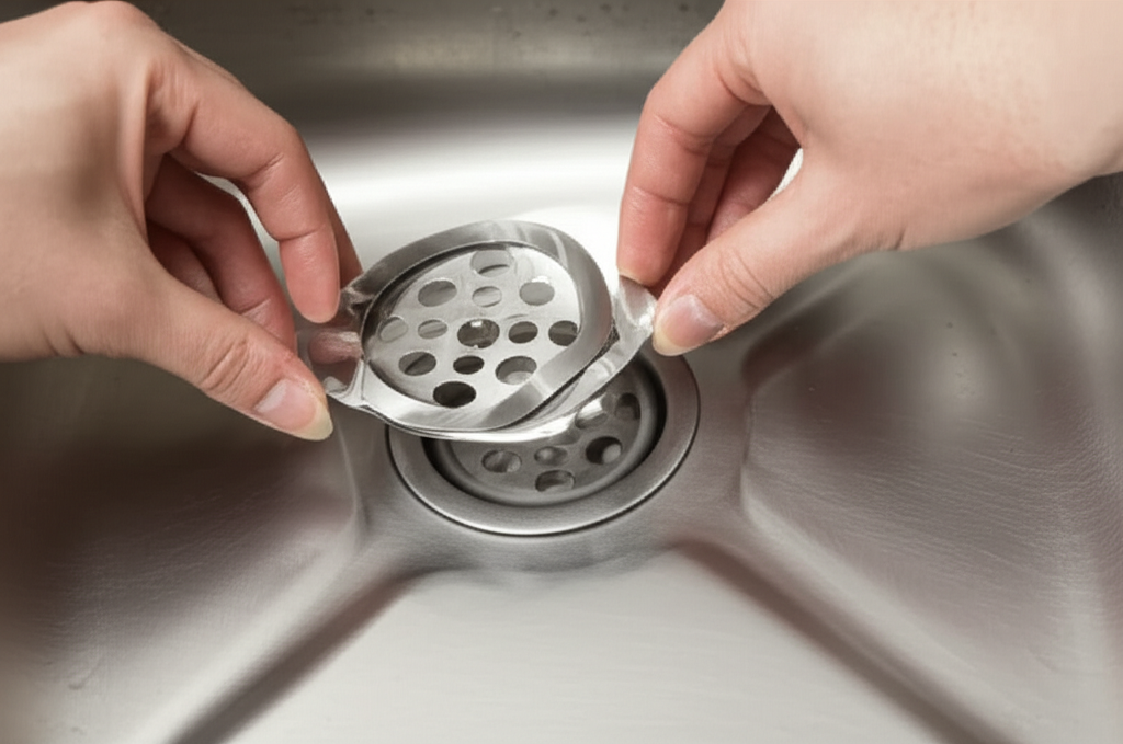 Pessoa instalando protetor de ralo na pia da cozinha.