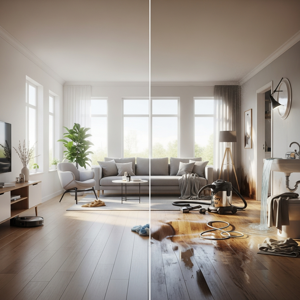 Infográfico mostrando os passos da limpeza, com ícones de luvas, desinfetantes e esfregões.