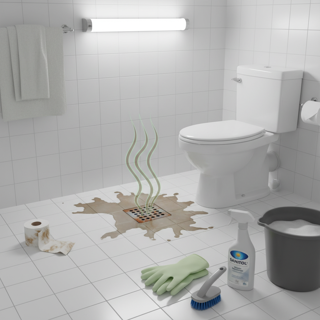 Imagem detalhada de produtos de limpeza profissionais organizados em um balcão de banheiro, incluindo desinfetantes de grau hospitalar, luvas de proteção, escovas de cerdas duras e panos de microfibra, em um ambiente bem iluminado e esterilizado.