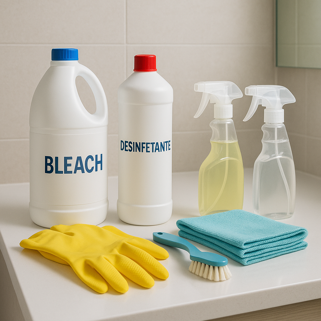 Sequência de produtos de limpeza e desinfecção organizados, como água sanitária, desinfetante multiuso, luvas de borracha, escovas e panos de microfibra, em um ambiente de banheiro bem iluminado.
