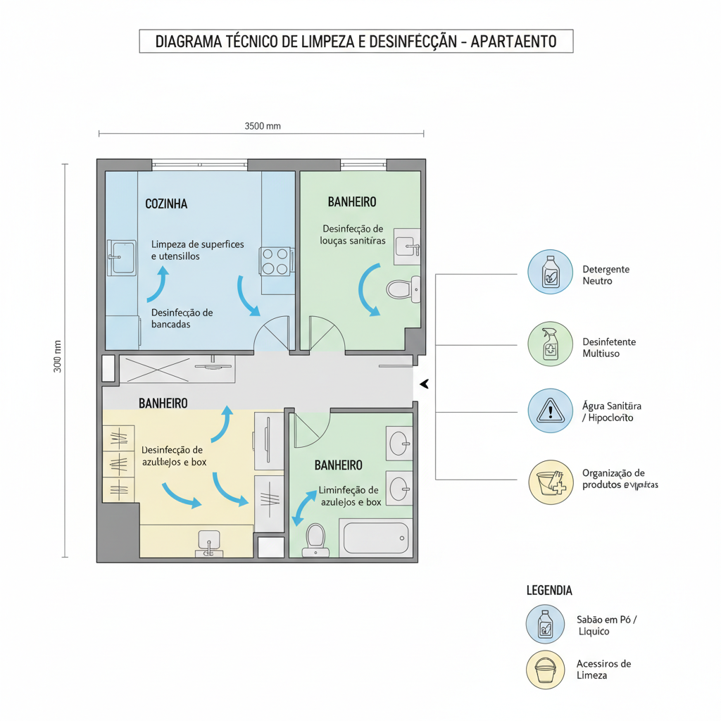 Diagrama técnico de um apartamento destacando áreas específicas (cozinha, banheiro, área de serviço) com setas indicando procedimentos de limpeza e desinfecção. Iconografia que representa produtos químicos seguros e equipamentos de proteção. O estilo é claro e informativo, com foco na precisão dos detalhes técnicos e na separação das áreas de atuação.