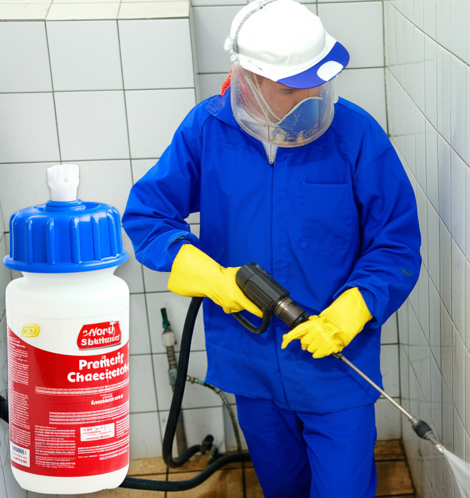 Profissional de desentupidora e dedetizadora em ação.