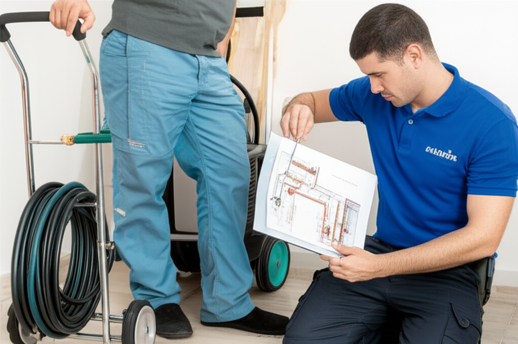 Um profissional encanador, vestindo uniforme limpo e utilizando equipamentos de vídeo inspeção e hidrojateamento, interage com o proprietário do apartamento, apontando para uma planta esquemática do encanamento. A cena deve transmitir confiança e expertise técnica.