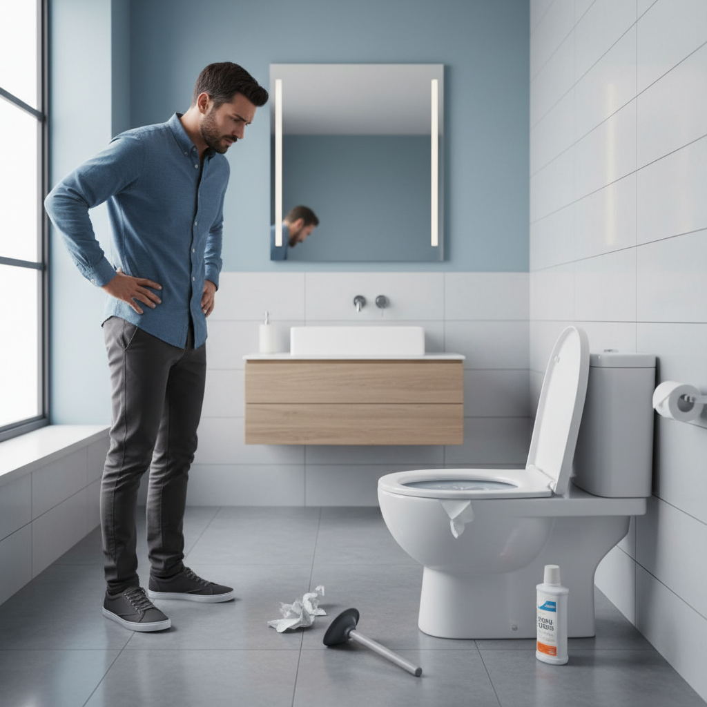 Um homem (Renato, persona) olhando preocupado para um vaso sanitário que não está escoando a água, com as mãos na cintura, em um banheiro moderno. Ele está com uma expressão de frustração, indicando que tentativas de desentupimento caseiro falharam. Estilo realista.