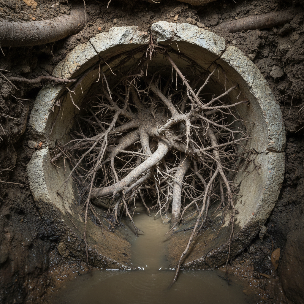 Imagem detalhada de um tubo de esgoto subterrâneo com raízes de árvores ramificando-se através de pequenas rachaduras e juntas mal vedadas, preenchendo o interior do tubo e restringindo o fluxo de água. A composição deve ser realista e mostrar o dano.