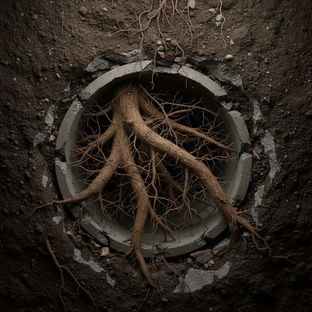 Raízes de árvores espessas envolvendo e penetrando uma tubulação de esgoto subterrânea, causando uma obstrução visível. A imagem deve ser em corte para mostrar a invasão e o dano à estrutura do cano, com solo úmido e raízes detalhadas.