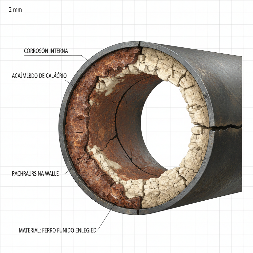 Diagrama técnico de uma fundação de casa antiga com raízes de árvores invadindo tubulações de esgoto subterrâneas, causando deslocamento e entupimento.