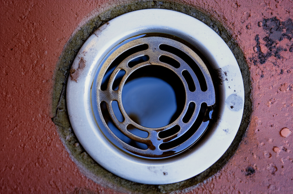 Ralo com água acumulada, indicando um possível entupimento.