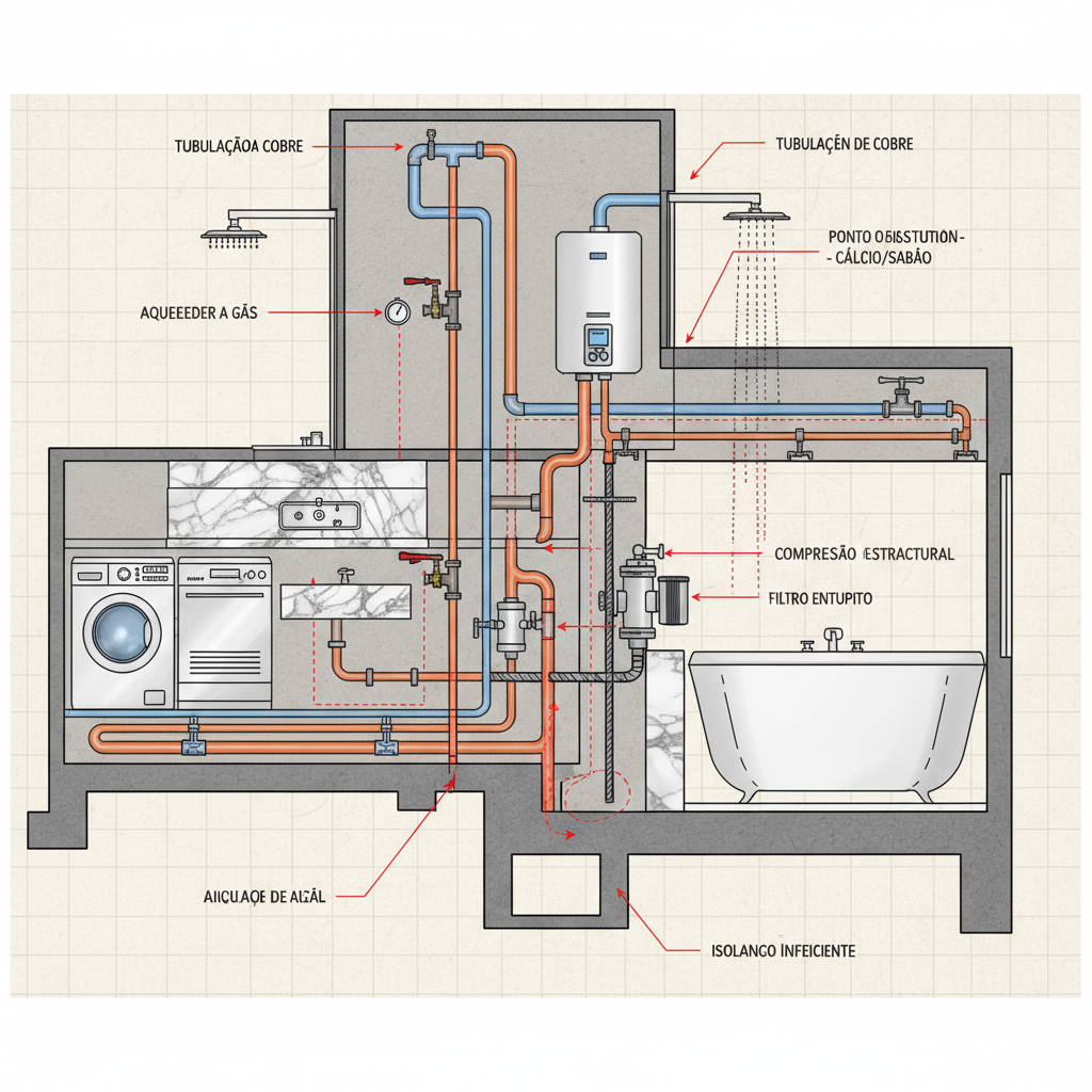 Ilustração detalhada de um ralo de chuveiro ou pia de cozinha em um apartamento moderno, com fios de cabelo, gordura e pequenos detritos acumulados em um sifão cromado. O ambiente é luxuoso, mas o foco está na obstrução.