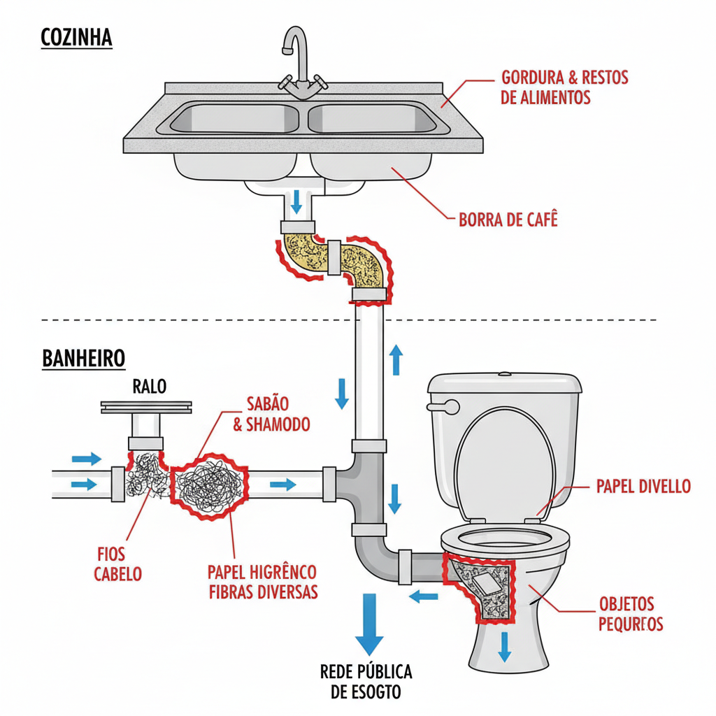 Close-up de um ralo de pia de cozinha com acúmulo visível de gordura solidificada e restos de alimentos, ilustrando a principal causa de entupimento em áreas úmidas. A imagem deve ter uma profundidade de campo técnica.