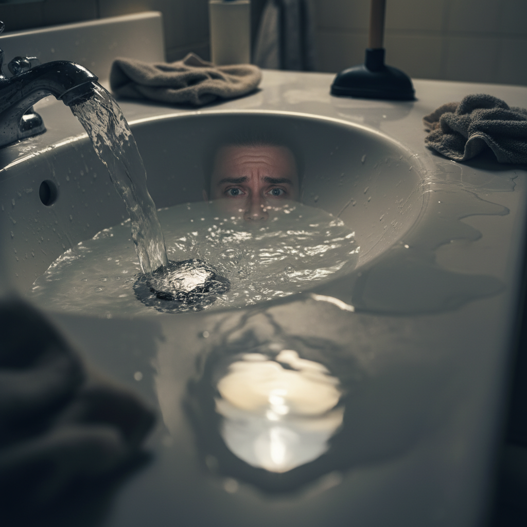Close-up de um ralo de pia de banheiro transbordando com água, criando uma pequena poça e refletindo a frustração e a urgência de uma situação de entupimento inesperado em um ambiente doméstico. A iluminação deve ser dramática para enfatizar a urgência.