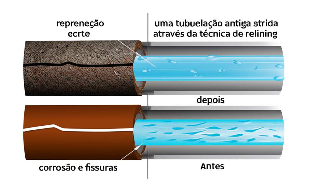 Representação em corte de uma tubulação antiga sendo modernizada através da técnica de relining. Uma seção mostra o antes (corrosão e fissuras) e outra o depois (revestimento interno de resina lisa, selando os defeitos e restaurando o fluxo). O ambiente técnico é limpo.