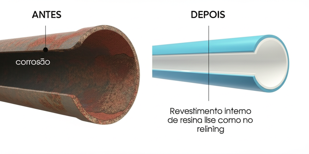 Representação em corte de uma tubulação antiga sendo modernizada. Uma seção mostra o antes (corrosão) e outra o depois (revestimento interno de resina lisa, como no relining) ou uma substituição por nova tubulação de PVC.